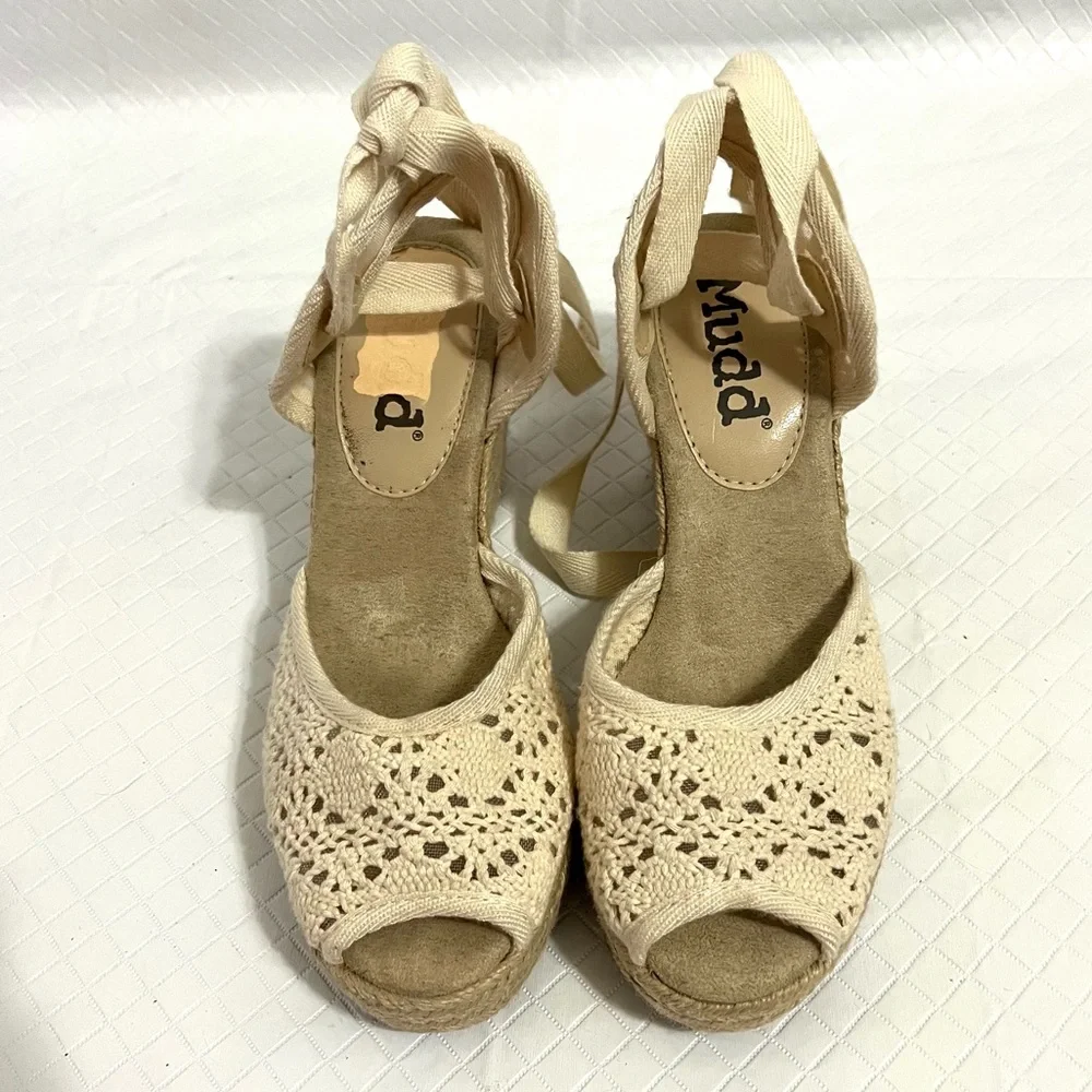 Mudd Y2K Platform Lace Up Espadrilles Peep Toe Crochet Cream White Size 6.5-7